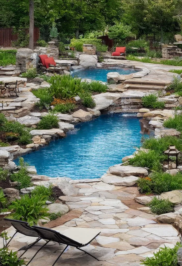 Image similar to Beautiful backyard pool with stone walkway and wooden lounge chairs
