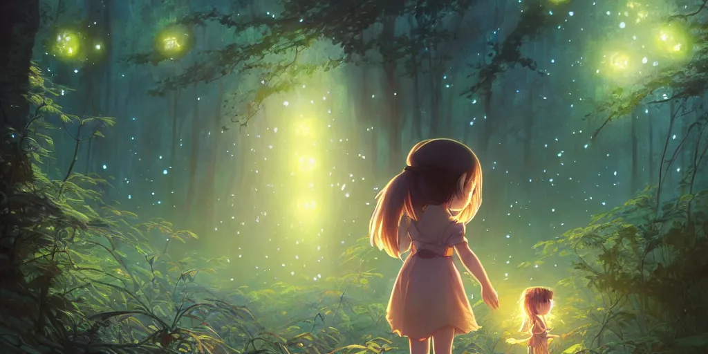 Image similar to small girl and the fireflies, by the pond in a forest, night sky. anime, fantasy, smooth. digital painting, by hayao miyazaki and rossdraws and artgerm and detmold and greg rutkowski and alphonse mucha. artstation. beautiful, high quality, stunning, intricate detailed environment. 8 k