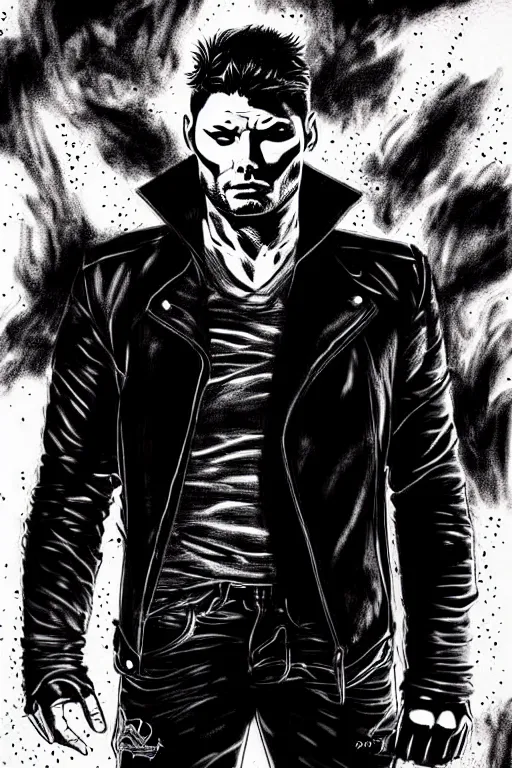 Prompt: A full body portrait of Jensen Ackles as a new antihero character with an angry face art by Jim Lee, detailed, mysterious