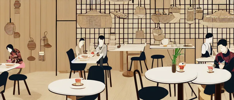 Image similar to a beautiful interior view illustration of a small roasted string hotpot restaurant in yan'an city, corner, restaurant wall paper is tower amd mountain, rectangle white porcelain table, people are eating, black chair, animation illustrative style, from china, simple style structure decoration design, victo ngai, james jean, 4 k hd