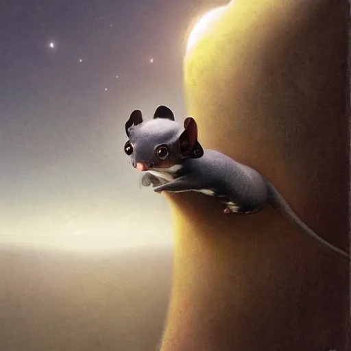 Image similar to A tiny sugar glider riding a big caterpillar at dawn, artstation, macrophotography, fantasy, concept art, moonlight, incredible, smooth, sharp focus, illustration, art by greg rutkowski and orientalism and bouguereau and Zdzislaw Beksinski, good clear quality, lighting, biology, symmetrical artwork, perfect face, 135 mm, cinematic, hyper realism, high detail, octane render, 8k, cute
