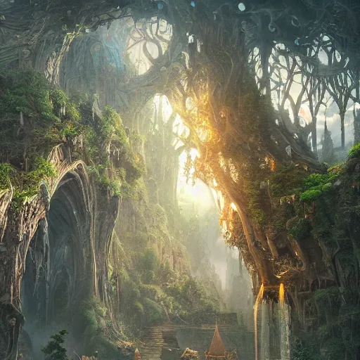 Prompt: fantasy landscape, an advanced city around the roots of a colossal tree, epic composition, intricate details, hyper detailed, 8 k, volumetric light, magical atmosphere