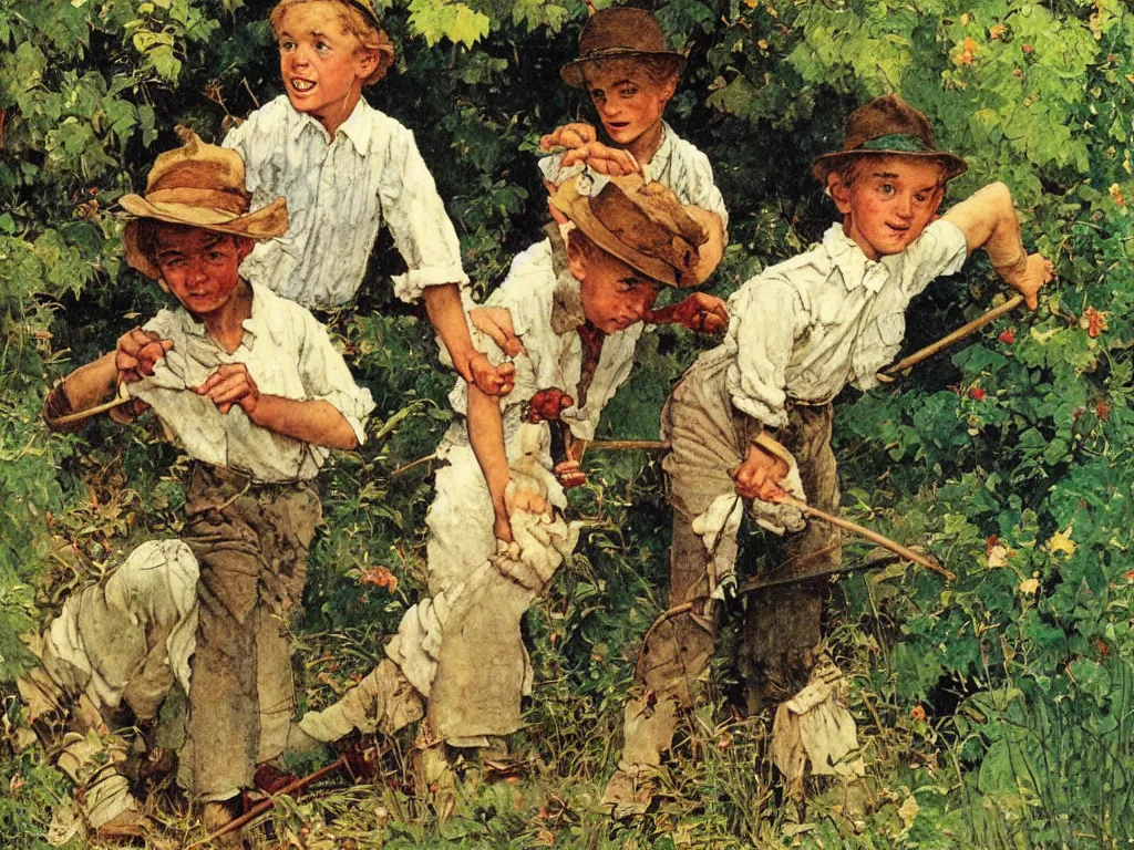 Image similar to the adventures of tom sawyer and huckleberry finn, illustrated by norman rockwell, playful, naturalistic, simple life, mississippi, colorful, landscape