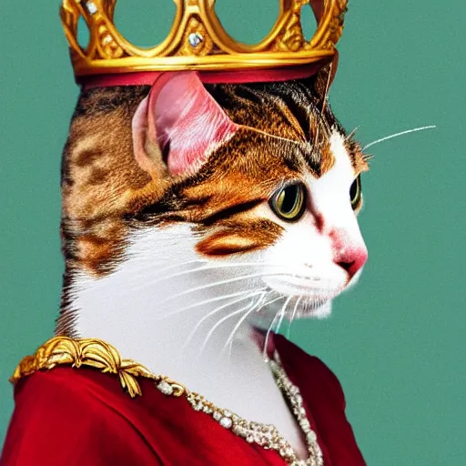 Image similar to portrait of a cat dressed as the queen of england, photorealist, 4 k