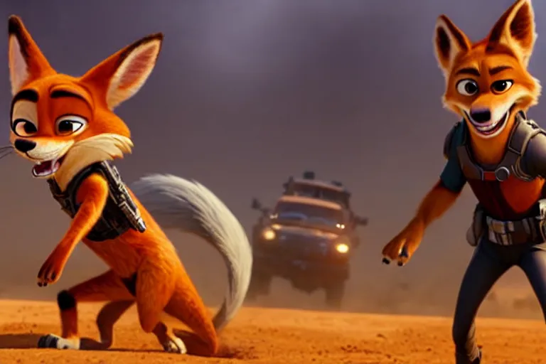 Image similar to nick wilde ( from zootopia ), heavily armed and armored facing down armageddon in a dark and gritty reboot from the makers of mad max : fury road