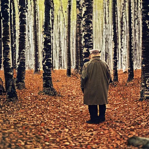 Image similar to photograph of an old man in a birch forest, medium format, shallow depth of field, tarkovsky