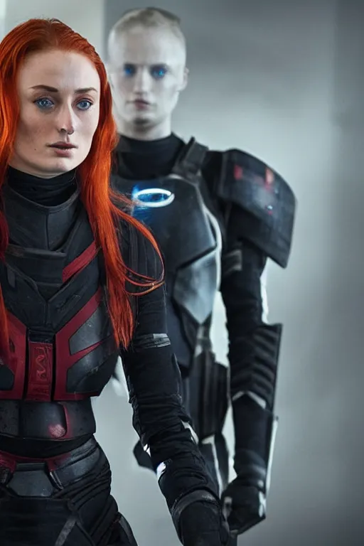 Prompt: Sophie Turner with a N7 armor