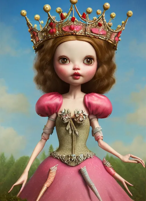 Image similar to highly detailed closeup, face profile portrait of a tin toy fairytale princess wearing a crown eating cakes, bikini, unreal engine, nicoletta ceccoli, mark ryden, earl norem, lostfish, global illumination, detailed and intricate environment