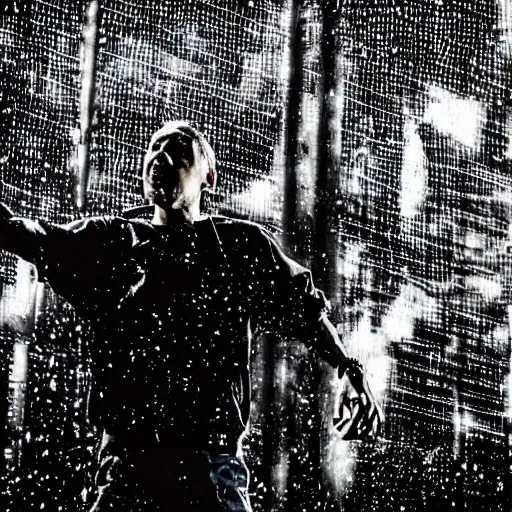 Prompt: photo eminem rapping in the rain, dramatic lighting, high contrast,