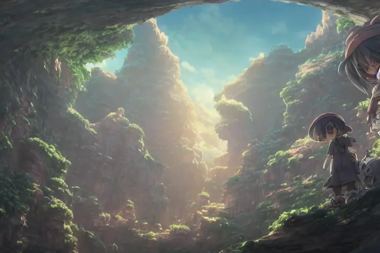 Prompt: made in abyss concept art wlop James Jean Marc Simonetti trending on artstation hyperdetailed Unreal Engine 4k 8k ultra HD pic cinematic shot, modern anime, fantasy, eerie, intricate details, atmospheric, elegant, super highly detailed, professional digital painting, artstation, concept art, 8k, art by artgerm and eiichiro oda and koyoharu gotouge