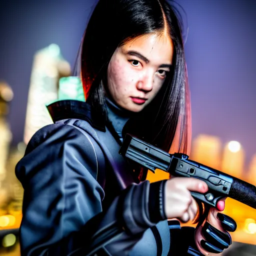 Prompt: photographic portrait of a 2d techwear woman holding a gun, closeup, on the rooftop of a futuristic city at night, sigma 85mm f/1.4, 4k, depth of field, high resolution, 4k, 8k, hd, full color