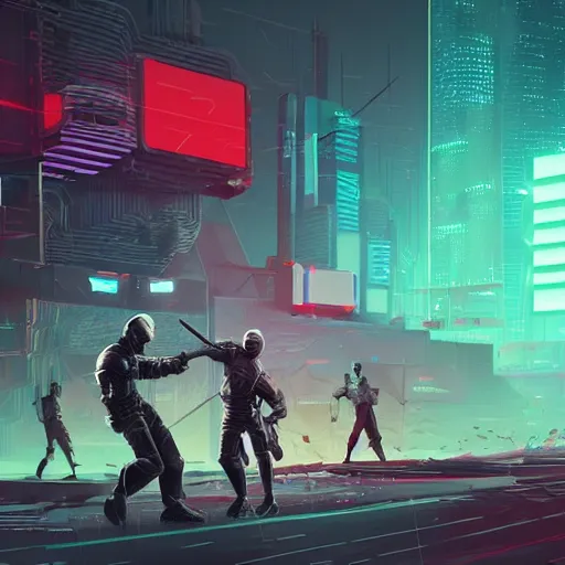 Prompt: jaime lannister and brienne of tarth fighting cyber zombies side by side, cyberpunk art by james gilleard, cgsociety, retrofuturism, synthwave, retrowave, outrun