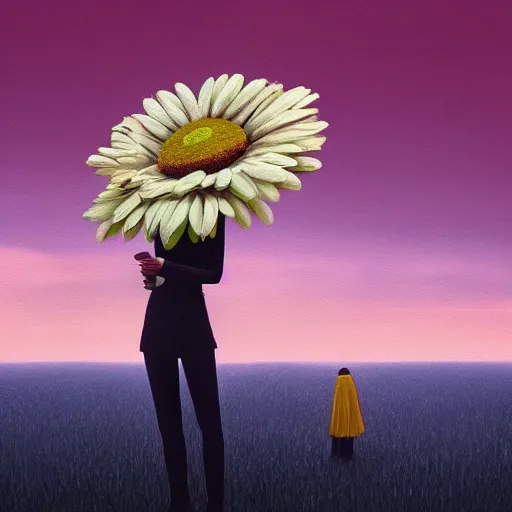 Prompt: giant daisy flower over head, frontal, girl in a suit, surreal photography, sunrise, dramatic light, impressionist painting, digital painting, artstation, simon stalenhag