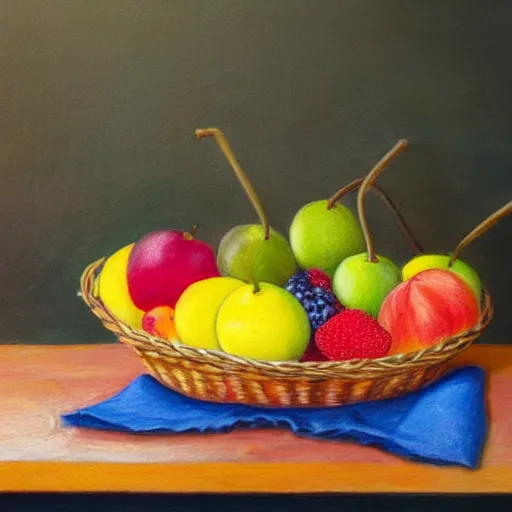 Prompt: a fruit basket on top of a kitchen table, crayon