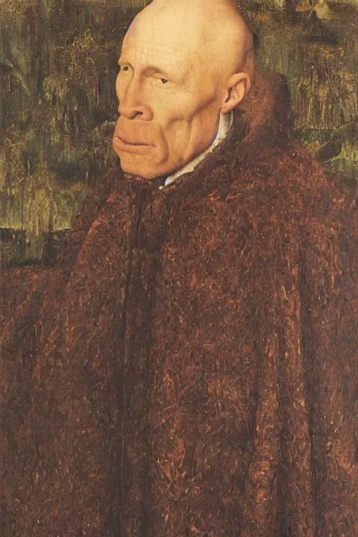 Image similar to portrait of ed harris, oil painting by jan van eyck, northern renaissance art, oil on canvas, wet - on - wet technique, realistic, expressive emotions, intricate textures, illusionistic detail