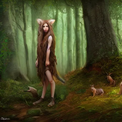 Image similar to a female woodland druid surrounded by forest animals, in the woods, hyper realistic, digital painting, photorealistic, in the style of greg rutkowski, detailed