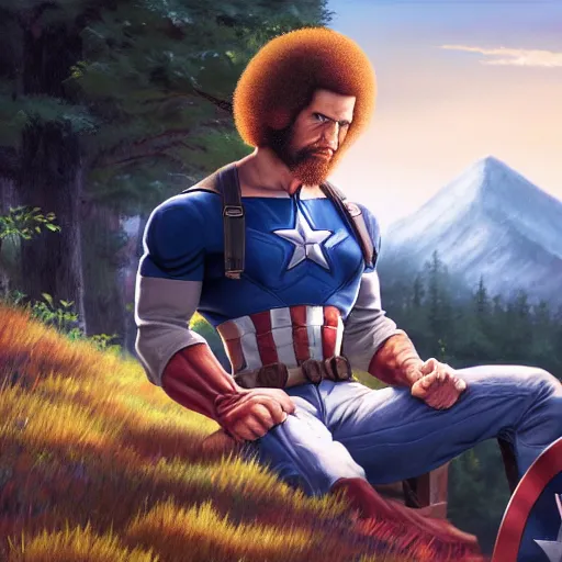 Image similar to a closeup photorealistic photograph of bob ross working on a canvas painting of captain america. happy trees, mountain scape. film still. brightly lit scene. this 4 k hd image is trending on artstation, featured on behance, well - rendered, extra crisp, features intricate detail, epic composition and the style of unreal engine.