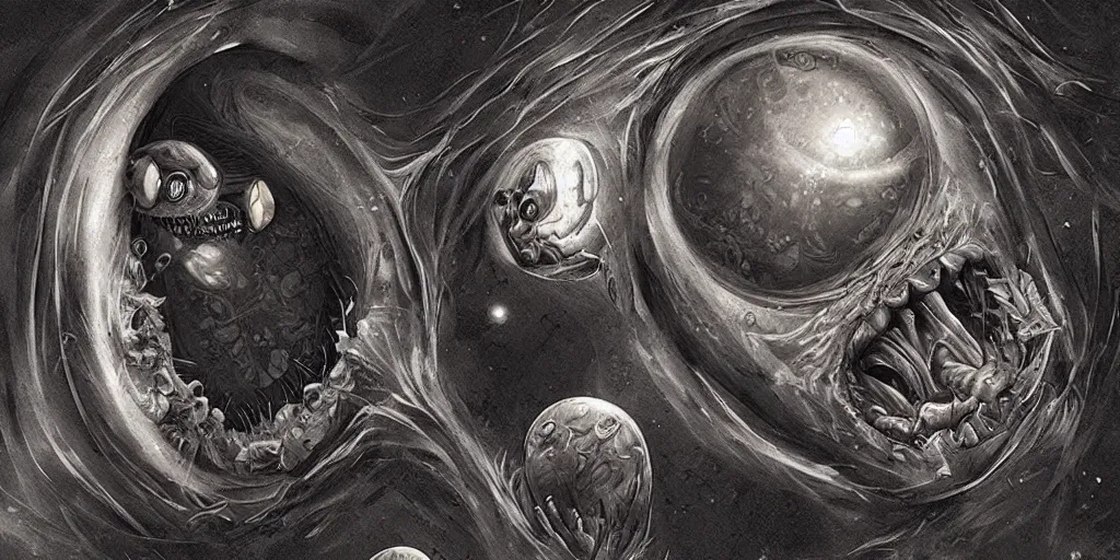 Prompt: a beautiful dreamy painting of a coronavirus inside a high-resolution television screen, laughing alien face, dark, sinister, detailed, art by M.C. Escher and Matt Lombardi and Greg Rutkowski-H 576