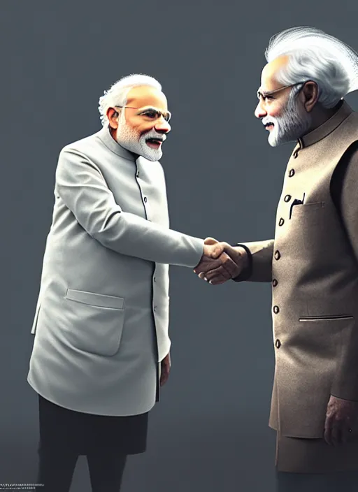 Image similar to portrait, Narendra Modi shaking hands with Albert Einstein , dramatic lighting, cinematic, establishing shot, extremely high detail, foto realistic, cinematic lighting, post processed, concept art, artstation, style by eddie mendoza, raphael lacoste, alex ross