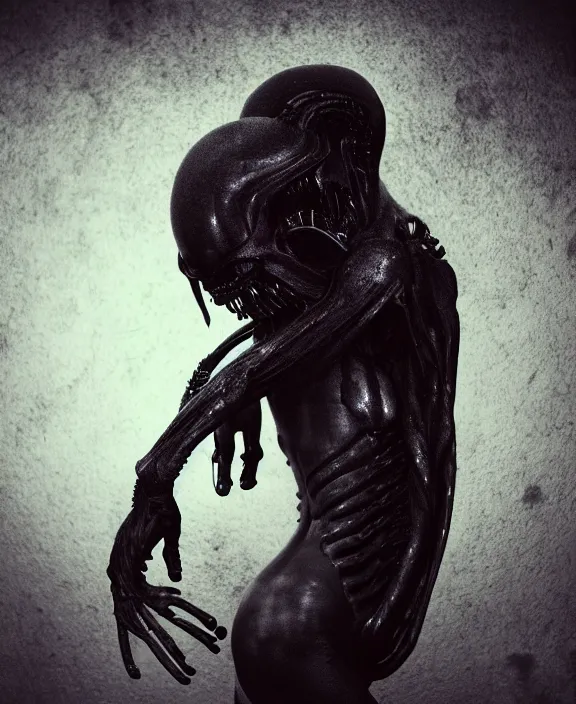 Image similar to xenomorph hugging pale sad beauty merging, dark mist colors, giger background liminal void, digital art, cinematic lighting, realistic, award winning photograph, various refining methods, micro macro autofocus