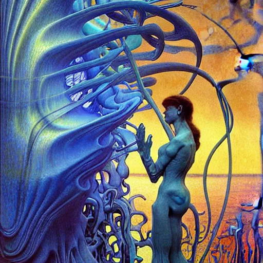 Image similar to realistic extremely detailed portrait painting of a ghost silhouette, futuristic sci-fi landscape on background by Jean Delville, Amano, Yves Tanguy, Alphonse Mucha, Ernst Haeckel, Edward Robert Hughes, Roger Dean, rich moody colours, blue eyes