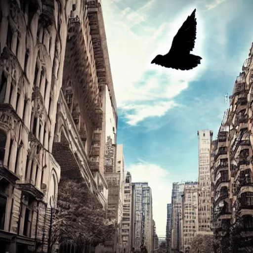 Image similar to Digital art of a woman riding a giant pigeon in the city skies