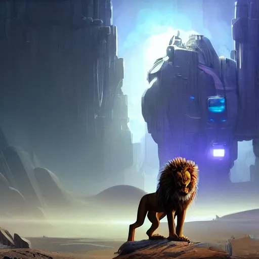 Image similar to concept art of robotic lion in scifi dunes, cyberpunk glow, matte painting by jama jurabaev,