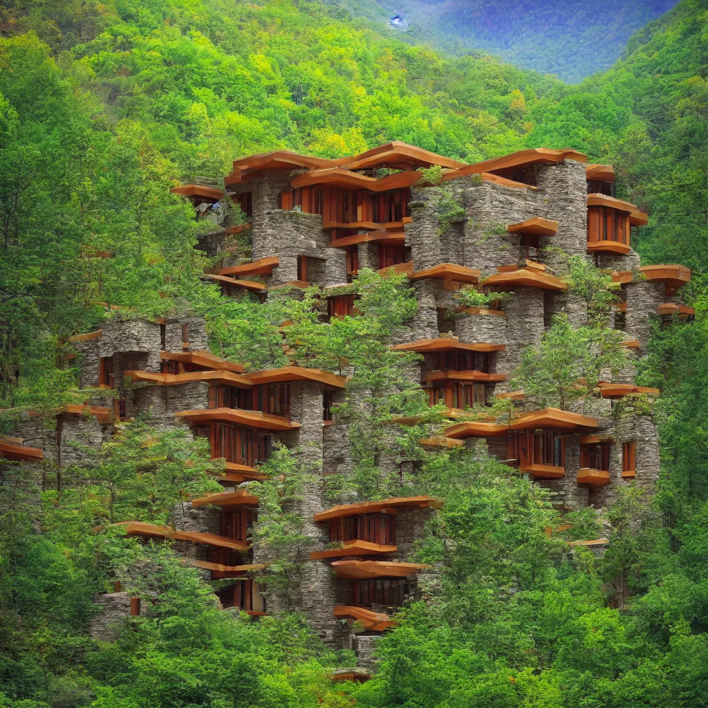 Image similar to green spring mountain athmosphere with beautiful forest permeated by a magical river showing a multistory house in the architect style of frank loyd wright made out of natural stone bricks from the distance with mythical european mountains in the background, artstudio, colorful in the art style of kerry milligan