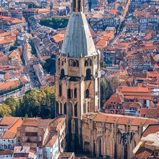 Prompt: an aerial photograph of an 800 meter high church in a medieval city