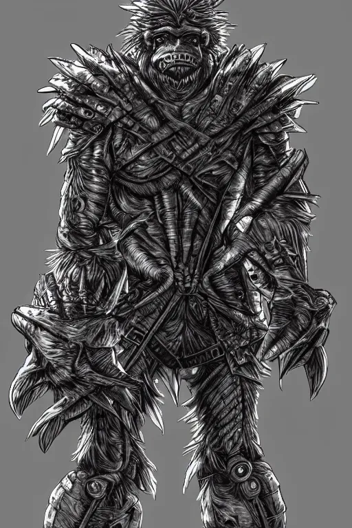 Image similar to armoured warrior humanoid ape monster, symmetrical, highly detailed, digital art, dandelion themed armour, sharp focus, trending on art station, kentaro miura manga art style