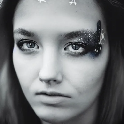 Image similar to beautiful young woman with micron pen ink face tattoos stares at the camera, night sky, stars in background, bruce gilden, leica s, fuji 8 0 0, grainy, low light