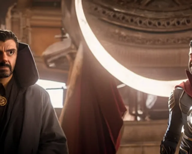 Prompt: still of dr. strange and oscar isaac as moon knight, in avengers movie