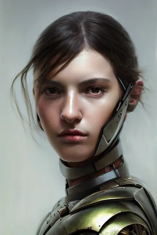 Image similar to a photorealistic painting of an attractive young girl, partially clothed in metal-plated battle armor, olive skin, long dark hair, beautiful bone structure, symmetrical face, perfect eyes, intricate, elegant, digital painting, concept art, illustration, sharp focus, minimal artifacts, from Metal Gear, in the style of Ruan Jia and Mandy Jurgens, by Greg Rutkowski, trending on Artstation, award winning