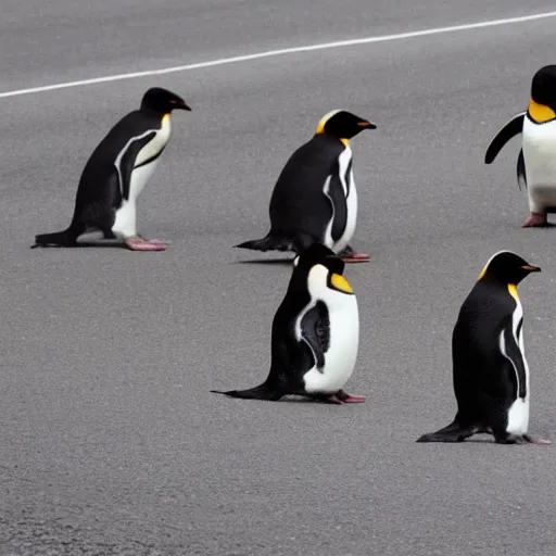 Image similar to penguins in dresses walking across the road