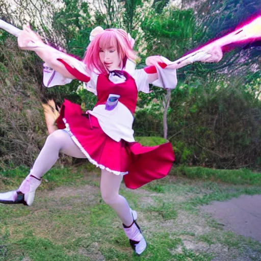 Image similar to a real-life mahou shoujo girl flying using a magic attack in a magic battle scene