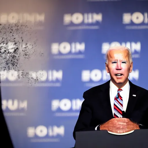 Prompt: Pulitzer-prize winning photograph of Joe Biden giving a press conference with heavy black smoke pouring from his mouth, nose, and eyesockets and pooling on the floor, unbearable anxiety, uncanny liminal space