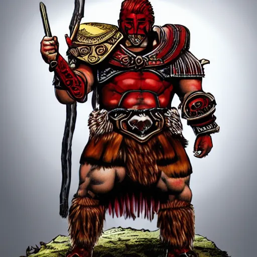 Image similar to bulky muscular scottish warrior with red hair and a kilt, tribal blood red war paintings on his chest, bronze plate armor, in the style of otomo katsuhiro, artgerm