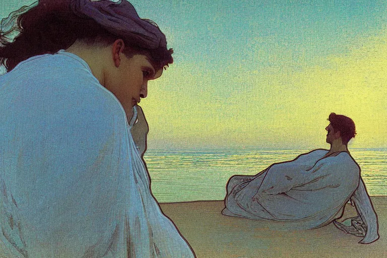 Image similar to a matte painting of a man watching the sunset by the beach, by alphonse mucha, muted colors