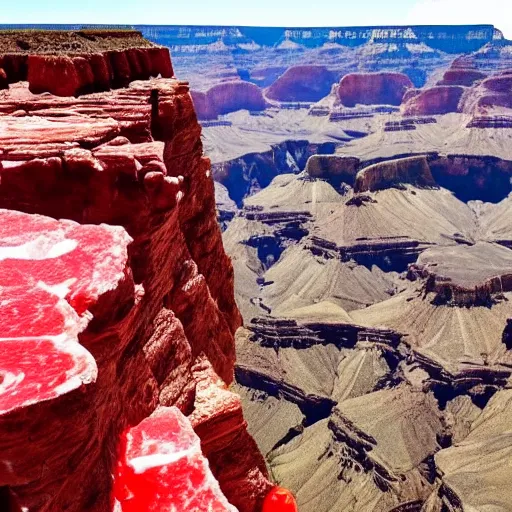 Image similar to the grand canyon made out of raw bloody!! meat!!, steaks and sausages as far as the eye can see high definition tourist photography family holiday