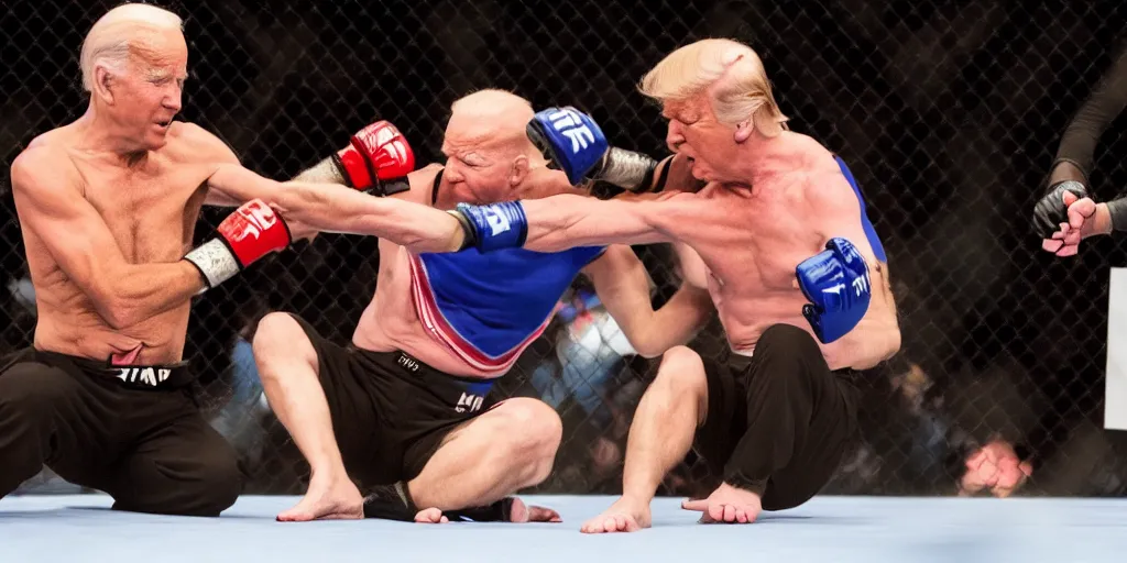 Prompt: a professional photo of donald trump fighting joe biden in mma, extremely high fidelity. key light.