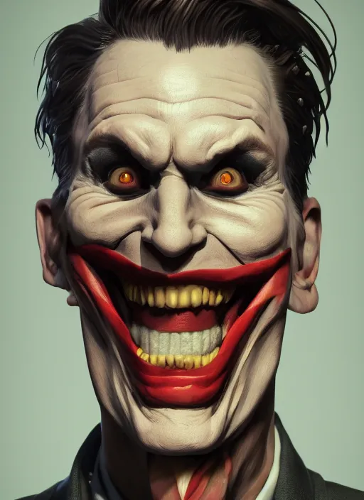 Image similar to impostor jerma as joker, hyper detailed, digital art, trending in artstation, cinematic lighting, studio quality, smooth render, unreal engine 5 rendered, octane rendered, art style by klimt and nixeu and ian sprigger and wlop and krenz cushart.