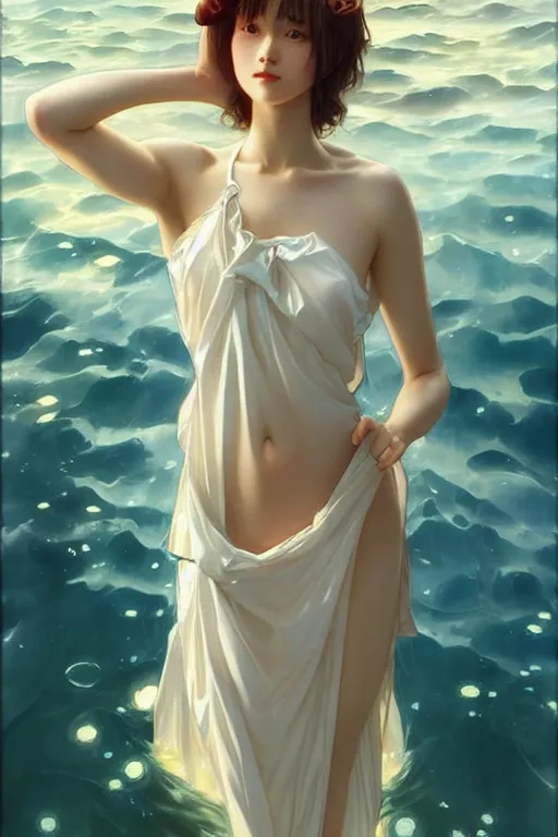 Image similar to a beautiful ayanami rei wearing a dress emerging from the water, oil on canvas, sensuality, artstation, by j. c. leyendecker and edmund blair leighton and charlie bowater, instagram photo