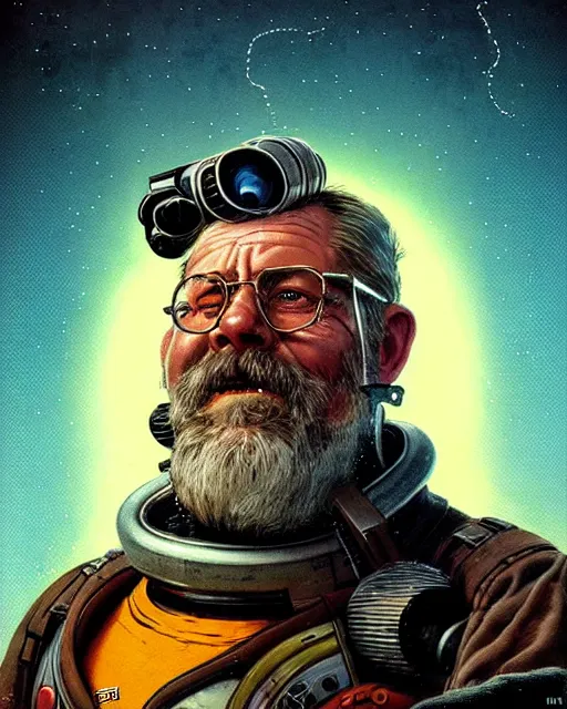 Image similar to torbjorn from overwatch, character portrait, portrait, close up, concept art, intricate details, highly detailed, vintage sci - fi poster, retro future, vintage sci - fi art, in the style of chris foss, rodger dean, moebius, michael whelan, and gustave dore