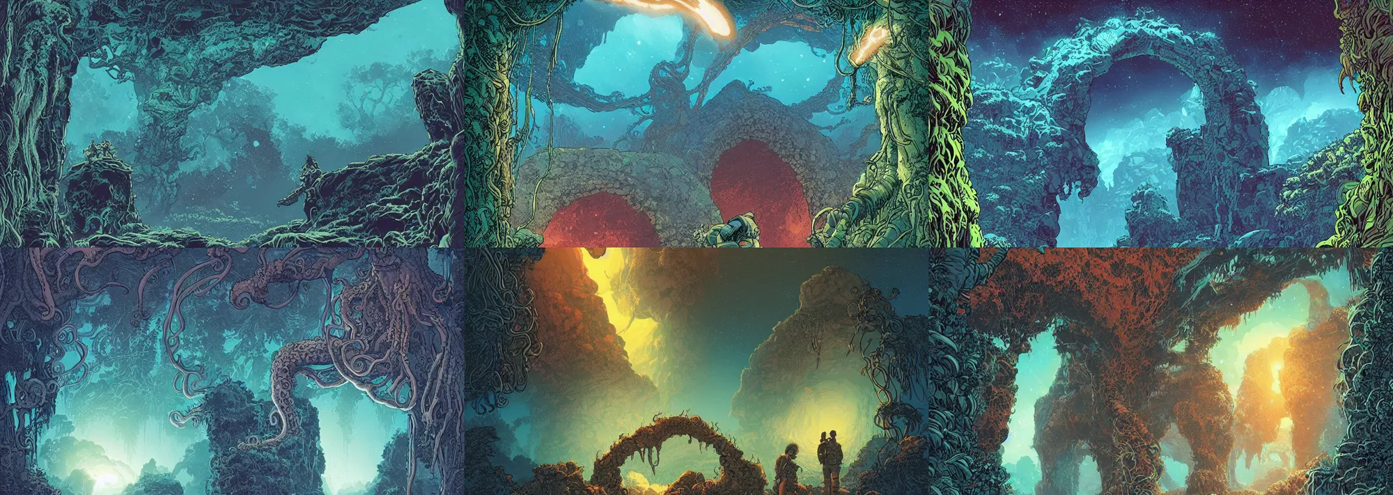 Prompt: a beautiful ultradetailed comic cover art of a gigantic ancient nebula stone-arch portal in the jungle, by Laurie Greasley and Quentine Mabilles and Dan Mumford, tarot card art, long wispy tentacles, dramatic lighting