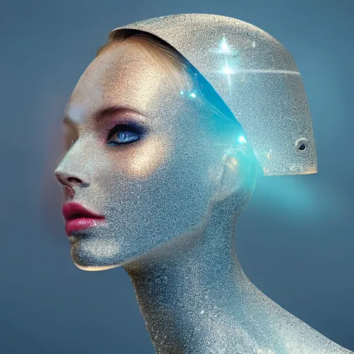 Image similar to portrait of a beautiful futuristic woman layered with high-tech jewelry wrapping around her face and head, blue eyes, golden-silver glow of moonlight with tiny blue, gold, and red gems scattered like dust, mist, fog
