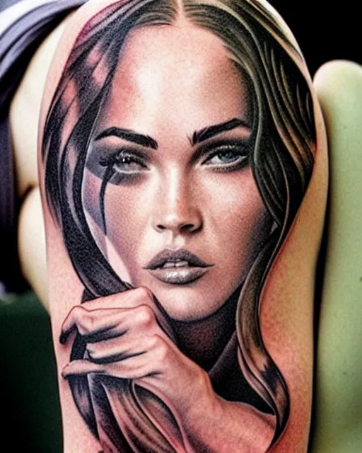 Image similar to creative double exposure effect tattoo design sketch of megan fox faded in beautiful mountain scenery, realism tattoo, in the style of matteo pasqualin, amazing detail, sharp