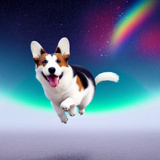 Image similar to a black and white corgi jumping over a sunset moon with a rainbow galaxy background detailed render 8 k