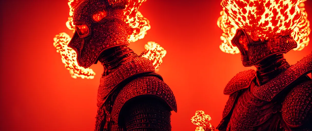 Image similar to hyperrealist highly detailed english medieval portrait of high fashion monster wearing flame fire smoke flame armor, radiating atomic neon corals, veiny network growth with fungal pattern, concept art pascal blanche dramatic studio lighting 8k wide angle shallow depth of field