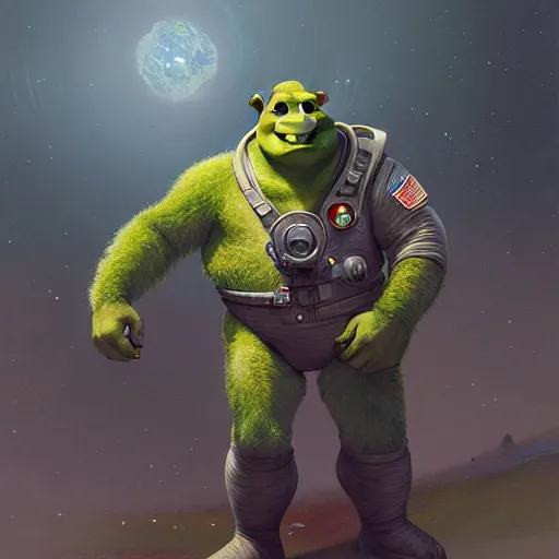 Prompt: shrek in a space suit, highly detailed, digital painting, artstation, concept art, sharp focus, illustration, art by greg rutkowski and alphonse mucha