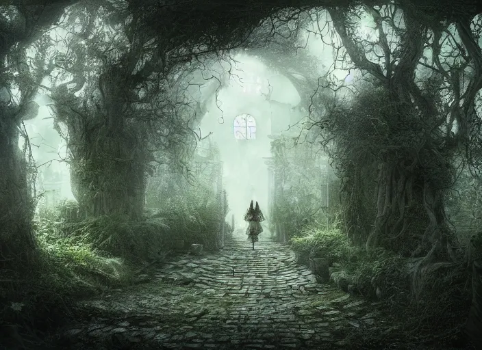 Image similar to secret garden, in the style of pan's labyrinth movie, pathway, girl, spooky, very dark, concept art, unreal engine 5, matte painting, artstation, caspar friedrich